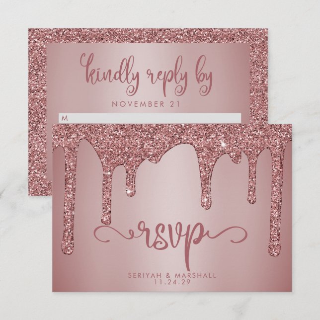 Rosa de moda Purpurina de oro Sparkle Wedding RSVP (Anverso / Reverso)