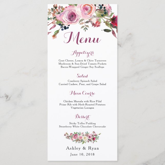 Rosa de Moda rosa morado Boda floral Menú (Anverso)