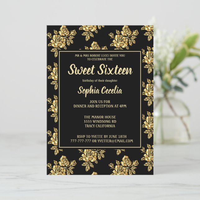 Rosa de oro brillante dulce 16 invitación (Anverso de pie)