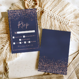 Rosa de oro confetti azul marino tipografía rsvp