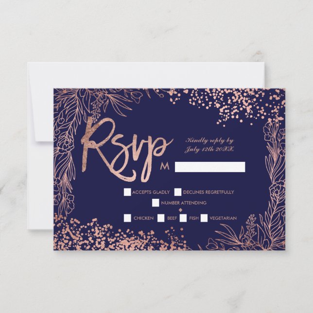 Rosa de oro confetti floral azul marino rsvp boda (Anverso)