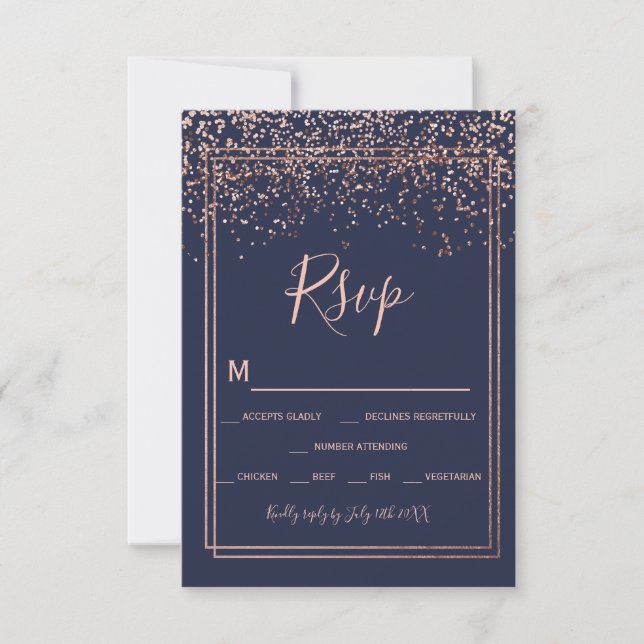 Rosa de oro confetti marina script azul borde rsvp (Anverso)