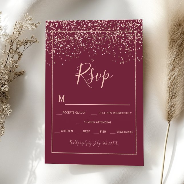 Rosa de oro confetti rojo burgundy typography rsvp (Rose gold confetti red burgundy typography rsvp)