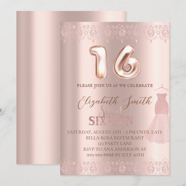 Rosa de oro elegancia, dulce dieciséis invitación (Anverso / Reverso)