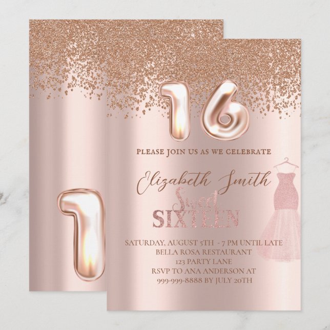 Rosa de oro elegancia, dulce dieciséis invitación (Anverso / Reverso)