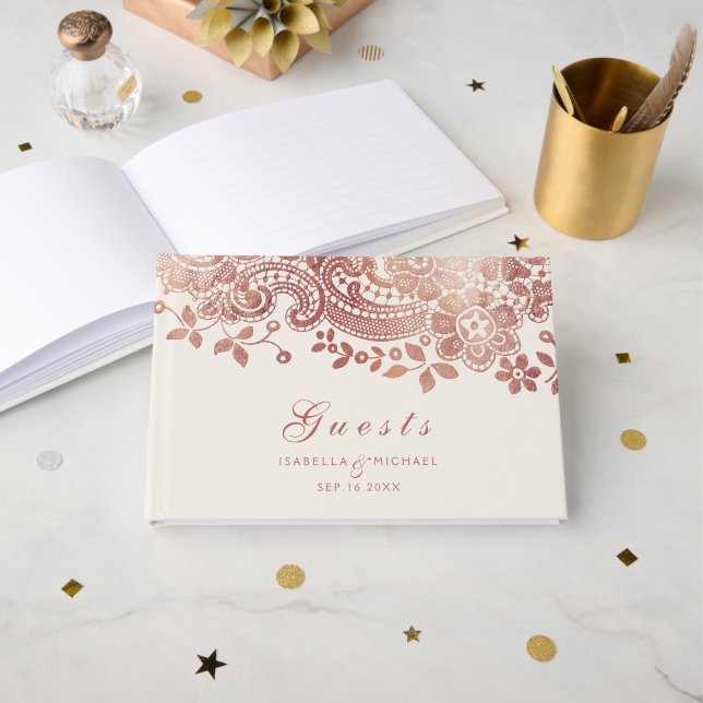Rosa de oro elegante libro de boda de encaje vinta (Anverso Abierto)