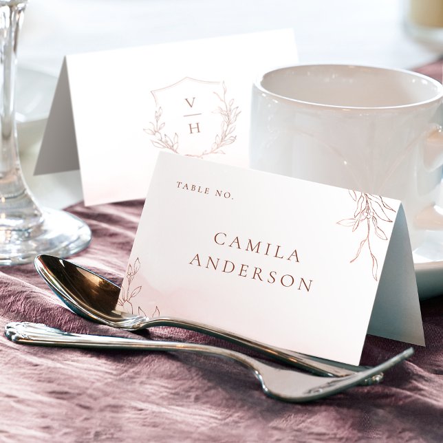 Rosa de oro escudo botánico monograma tarjeta de l (Rose gold botanical crest monogram place card)