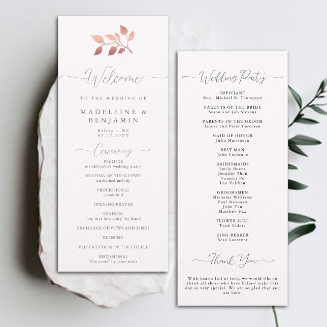 Rosa de Oro Eucalipto Programa Elegante de Boda de (modern classic wedding ceremony program rose gold eucalyptus greenery foliage formal traditional)