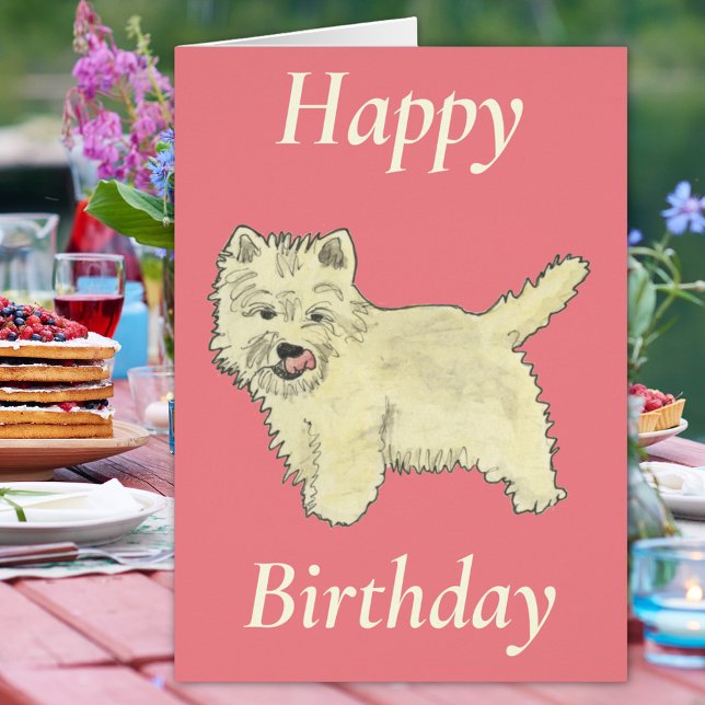 Rosa de Perro del Territorio del Altiplano Occiden (Cute westie dog happy birthday pink folded card West highland terrier watercolor animal art pet love)