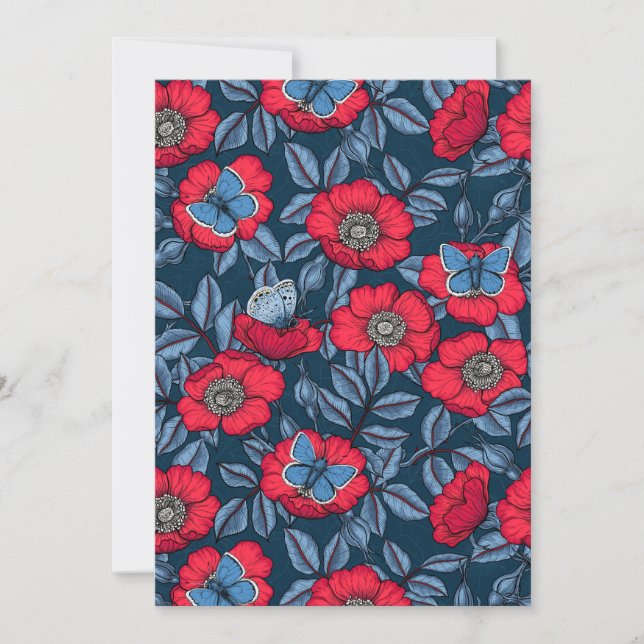 Rosa de perro y mariposas en azul y rojo (Anverso)