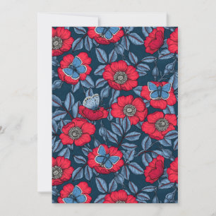 Rosa de perro y mariposas en azul y rojo