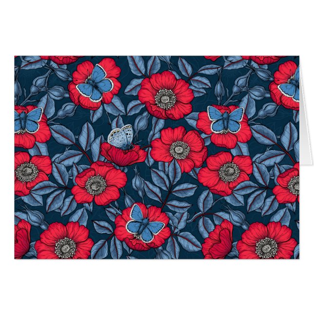 Rosa de perro y mariposas en azul y rojo (Anverso (Horizontal))