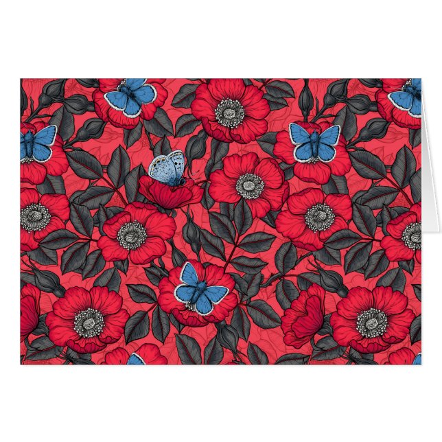 Rosa de perro y mariposas en rojo y azul (Anverso (Horizontal))