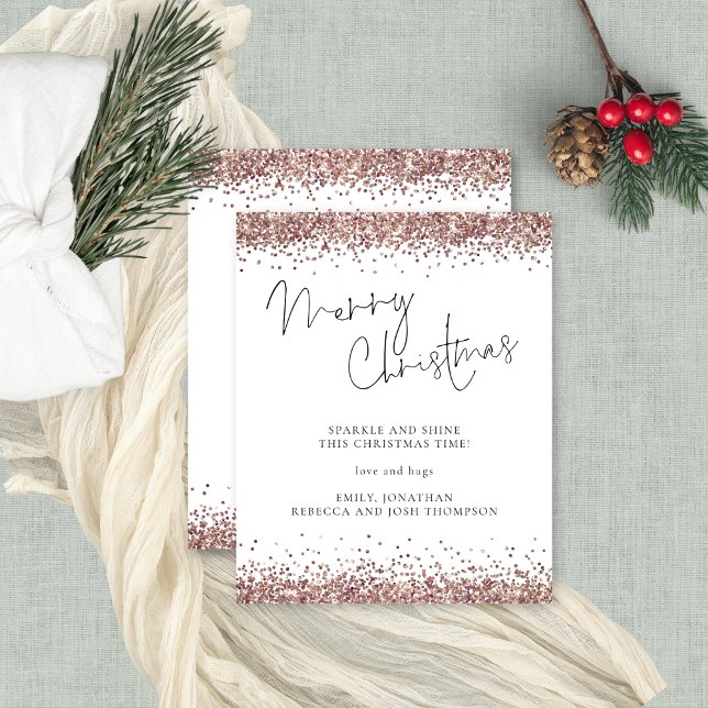 Rosa de presupuesto Purpurina de oro Merry Tarjeta (Budget price smaller 4.5 x 5.6" alternative, front and back view)