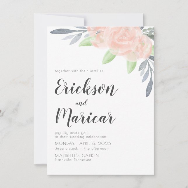 Rosa Desmayado y Floral Gris | Invitación de Boda (Anverso)