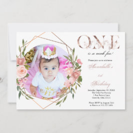 Rosa Dorada Floral Bebé Primera Invitación de cump