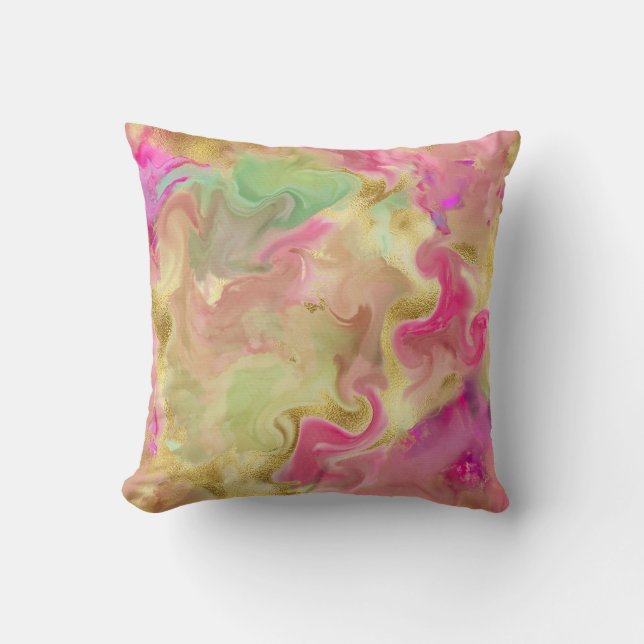Rosa, dorado, almohada de estampado de mármol verd (Anverso)