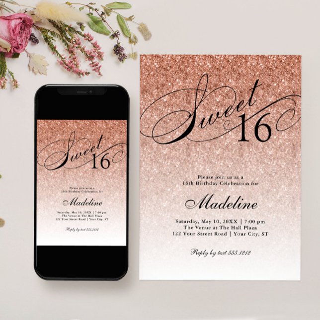 Rosa Dorado Glam Purpurina Sweet 16 Invitación (Subido por el creador)