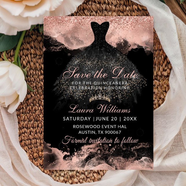 Rosa Dorado Princesa Quinceañera Salva la Fecha (Rose gold & Black Princess Quinceañera birthhday save the date)