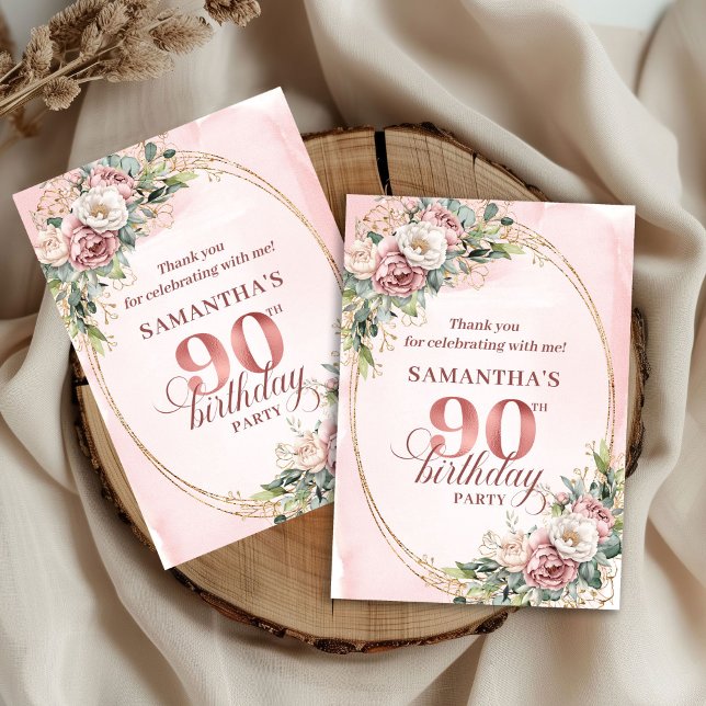 Rosa Dorado Romántico Agradecimiento Cumpleaños 90 (Romantic Rose Gold Greenery 90th Birthday Thank You Card)