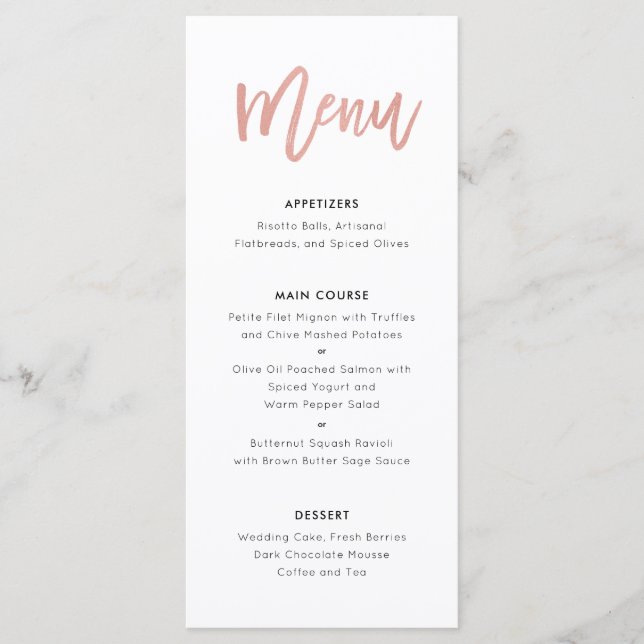 Rosa dulce Gold Modern Princess Boda Menu (Anverso)