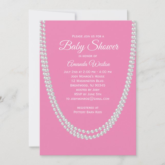 Rosa e invitación de Baby Shower de las perlas (Anverso)