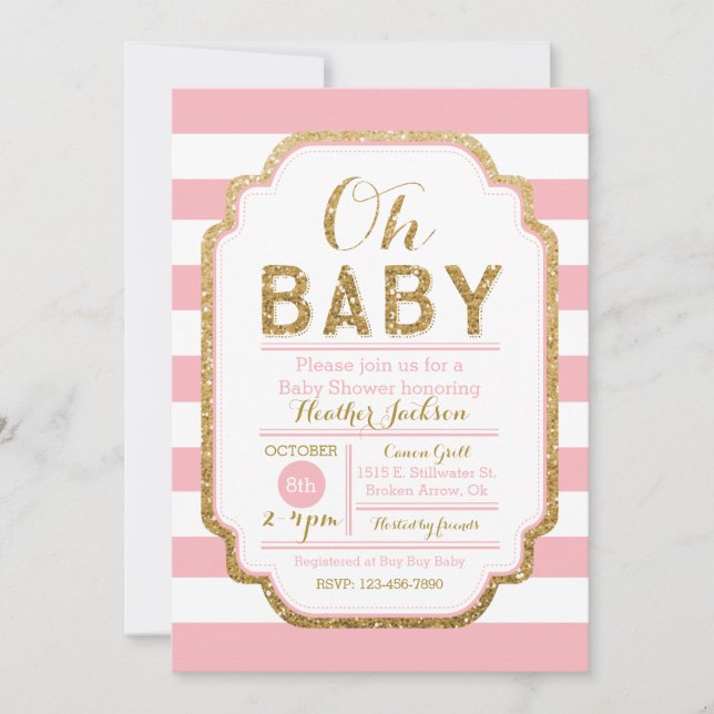 Rosa e invitación de Baby Shower del oro, niña (Anverso)