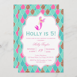 Rosa e invitación del cumpleaños de la sirena de