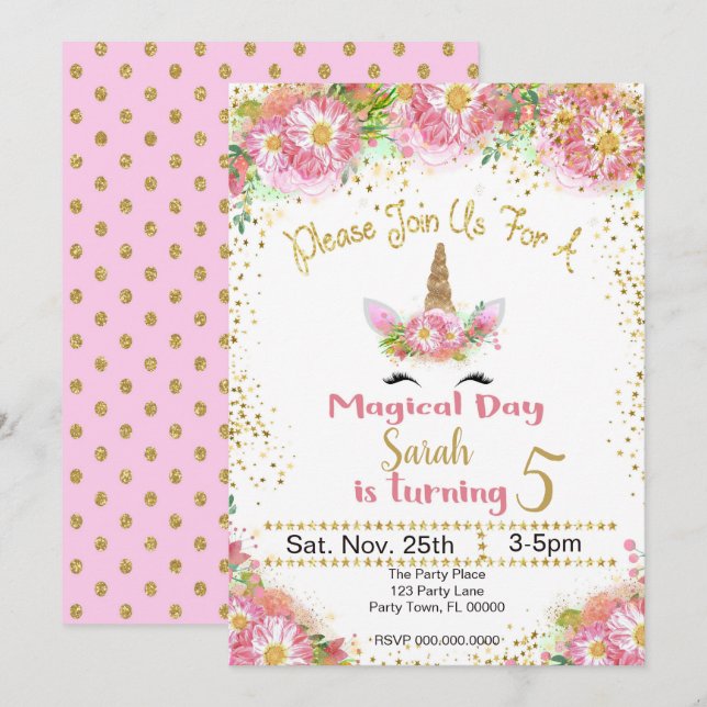 Rosa e invitación del cumpleaños del unicornio del (Anverso / Reverso)