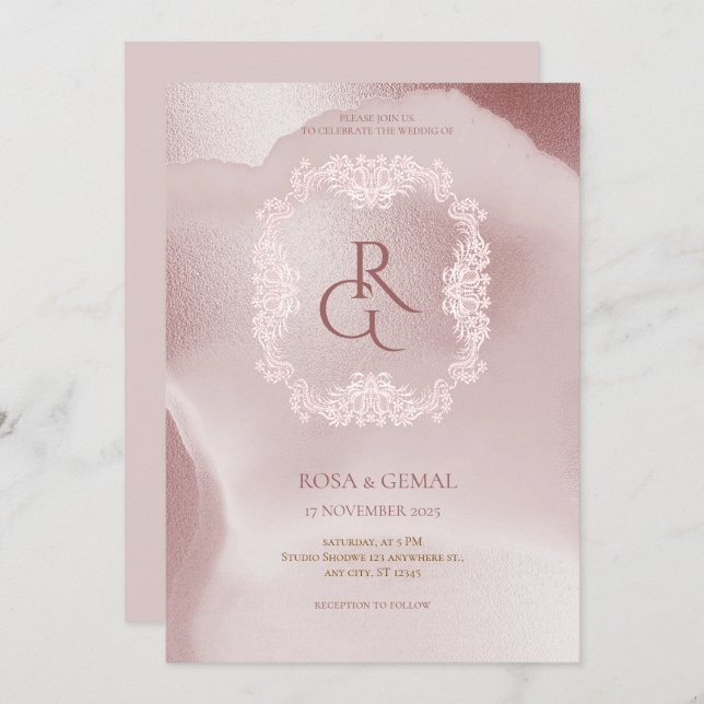 Rosa Elegante Invitación a la Boda de Moda (Anverso / Reverso)