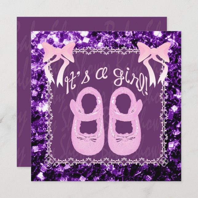 Rosa es un Chica chispas moradas Invitación a la d (Anverso / Reverso)