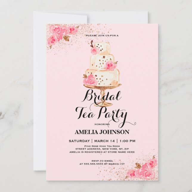 Rosa Fiesta de té con pastel de oro Invitación a d (Anverso)