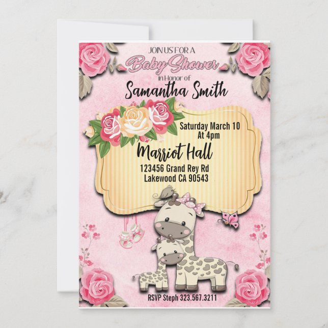 Rosa floral Bebé jirafa Invitación a la ducha (Anverso)