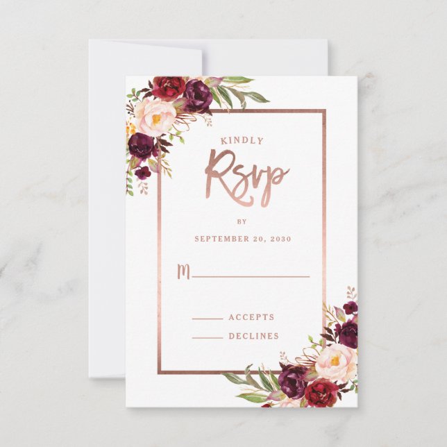 Rosa floral de Borgoña Boda blanca RSVP (Anverso)