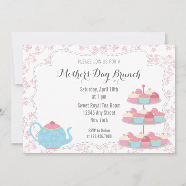 Rosa floral de la invitación del brunch del día de (Anverso)