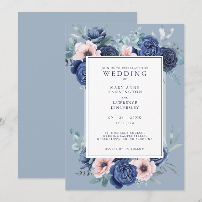 Rosa floral Dusty Blue Wedding Invitación (Anverso / Reverso)