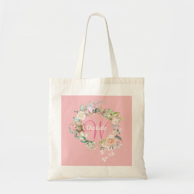 Rosa floral guión dorado Monograma Bolsa rosa de l (Frente)