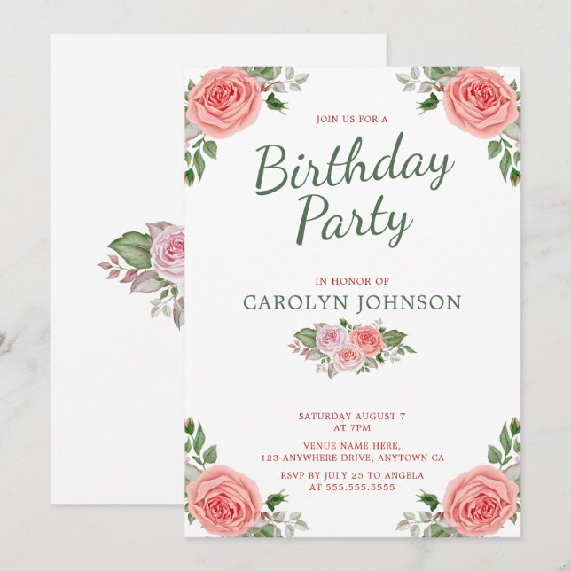 Rosa floral Invitación a fiesta de cumpleaños verd (Anverso / Reverso)