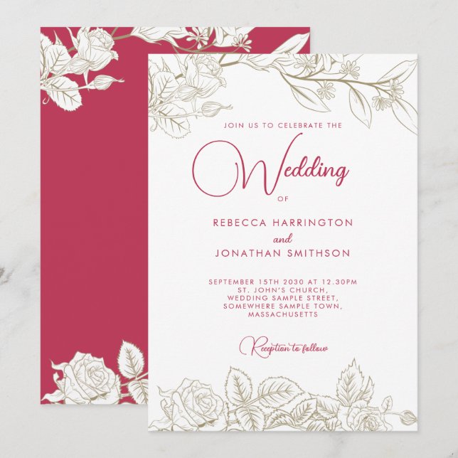 Rosa floral Magenta Invitación a la Boda de Oro Ro (Anverso / Reverso)