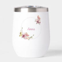 Rosa Floral Mariposa Texto Personalizado Dorado