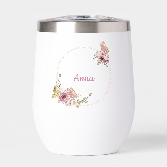Rosa Floral Mariposa Texto Personalizado Dorado (Frente)
