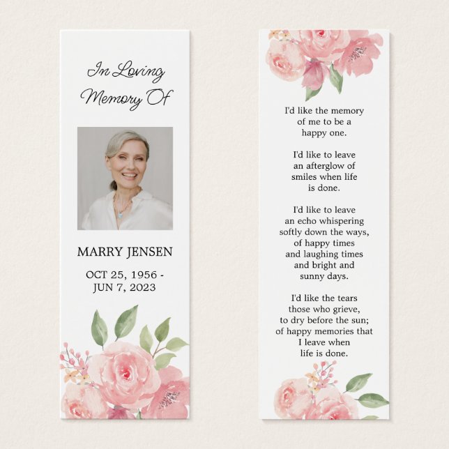 Rosa Floral Photo Funeral Bookmark (Anverso y reverso)