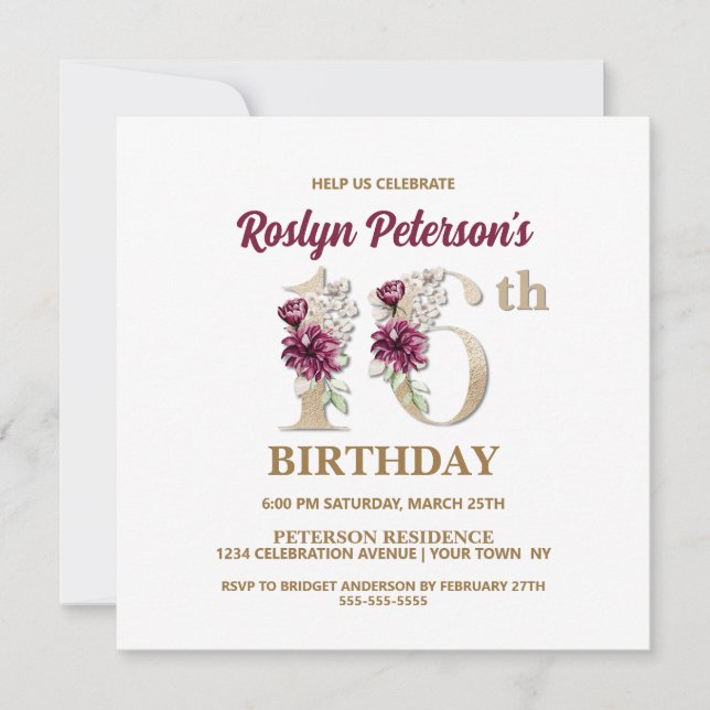 Rosa Floral R 16ª Invitación a la fiesta de cumple (Anverso)