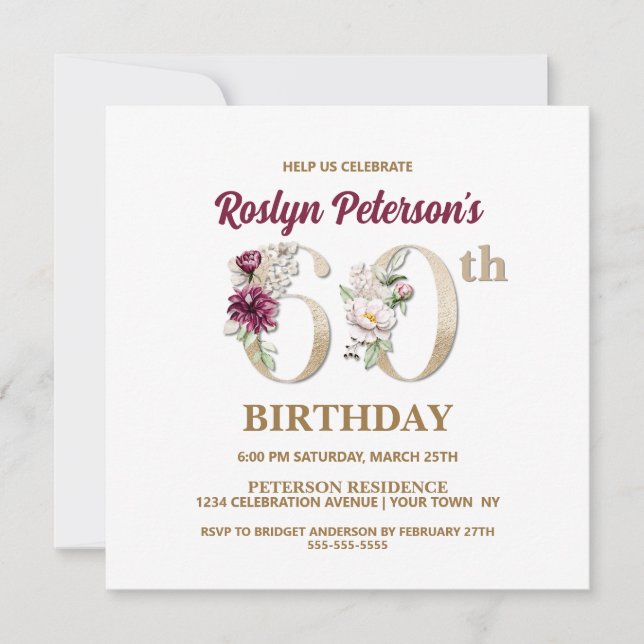 Rosa Floral R 60ª Invitación a fiesta de cumpleaño (Anverso)