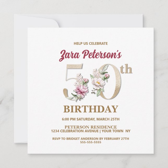 Rosa Floral Z 50th Birthday Party Invitación (Anverso)
