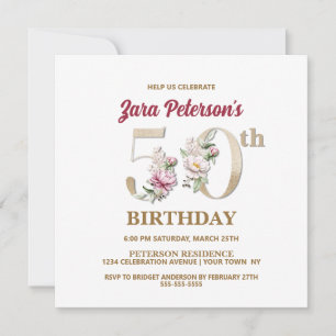 Rosa Floral Z 50th Birthday Party Invitación