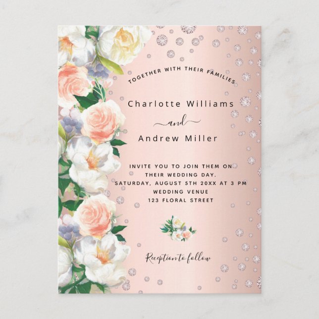 Rosa florines de oro invitación a bodas ruidosas (Anverso)