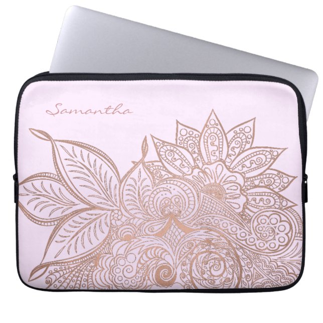 Rosa Funda de portátiles con flores de oro Mandala (Frente)