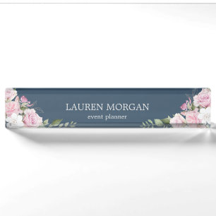 Rosa Garden Blue Placa de nombre para escritorio