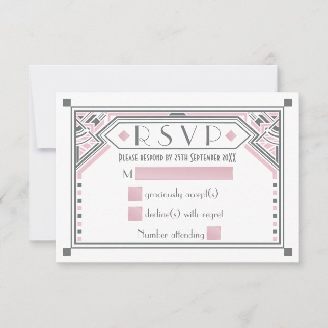 Rosa - Gatsby gris estilo Art Deco Boda RSVP (Anverso)